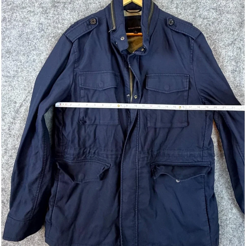 Banana Republic Field Jacket Mens L Blue Water Repellent Outerwear Hidden Hood
